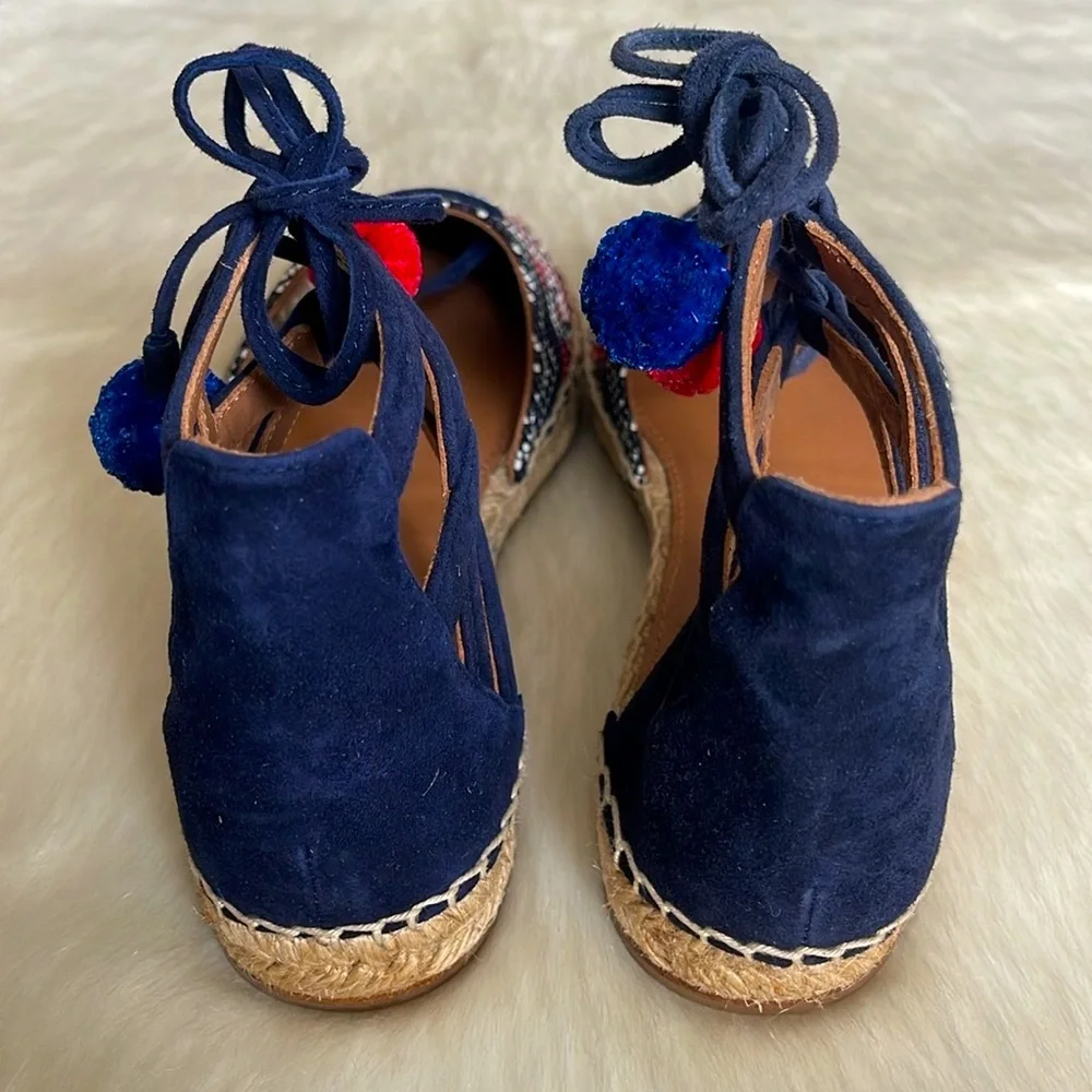 Aquazzura Firenze Belgravia Blue Suede Multicolored Textile Pom-Pom Espadrilles